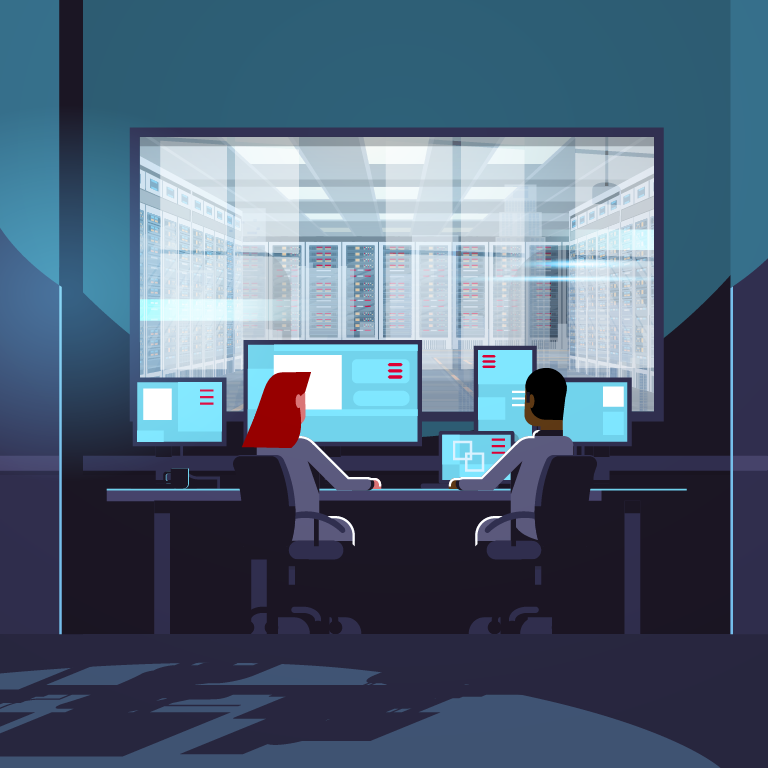 vector image of a woman and man sitting in front of 4 monitors and a laptop, facing a server room.