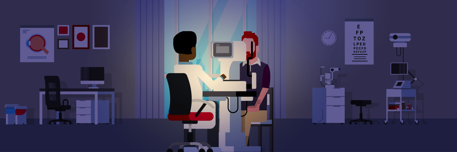 web banner vector image of a male patient getting an eye exam from a male doctor in an eye doctor's office.